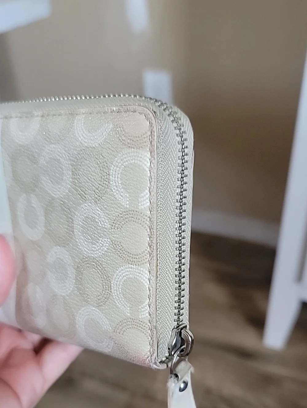 Coach Beige OP Art Signature Zip Wallet with Cream Center Stripe